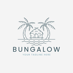 bungalow line art logo vector with sea and palm tree illustration template design. icon nature