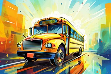 Illustration of a yellow school bus on a colorful background. Generative AI
