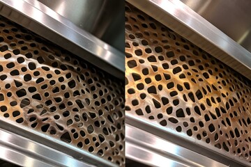 Before and after photos of a hood grill, showing the cleaning service. Close up of the lattice background of an exhaust hood. Generative AI