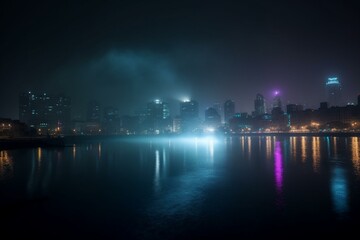 Fototapeta na wymiar a cityscape with smoky water and vibrant lights at night. Generative AI