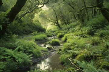 A stream flowing amidst trees and vegetation in a dense woodland. Generative AI