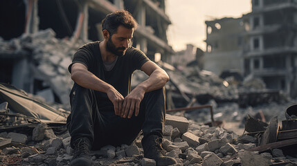 Healing Amidst Ruins: A Sad Man's Urban Odyssey after earthquake, Generative AI