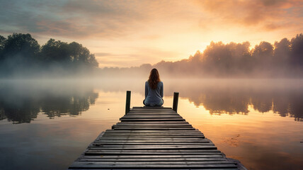 young woman in lotus pose on wooden jetty at lake - obrazy, fototapety, plakaty