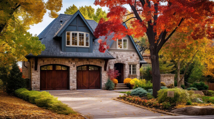 Fototapeta na wymiar Beautiful Suburban Home residential neighborhood Autumn Season Day Blue Sky.