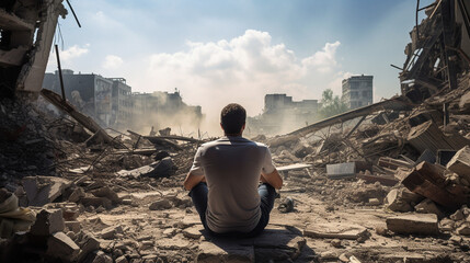 Emotional Turmoil: Grieving Man in Urban Desolation after terrorist bombing, Generative AI - obrazy, fototapety, plakaty