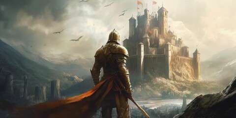 A medieval warrior with a Majestic castle in front of him - obrazy, fototapety, plakaty