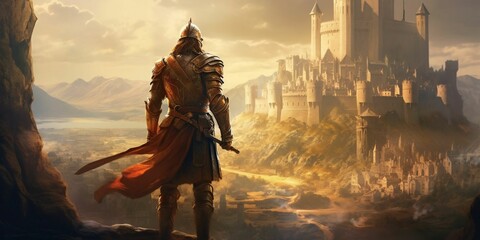 A medieval warrior with a Majestic castle in front of him