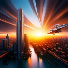 stunning sunset over a futuristic city, spectacular view, skyscrapers and aircraft