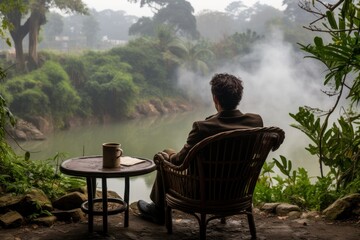 A serene and introspective scene of a person lost in thought by a tranquil lake, conveying a mix of emotions and contemplation