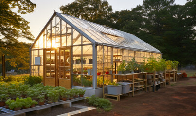 In the back garden, you'll discover a glass greenhouse that nurtures fruits and vegetables throughout the spring and summer seasons.