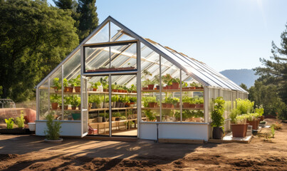 Within the backyard, there is a glass greenhouse where one can find a variety of fruits and vegetables in spring and summer.