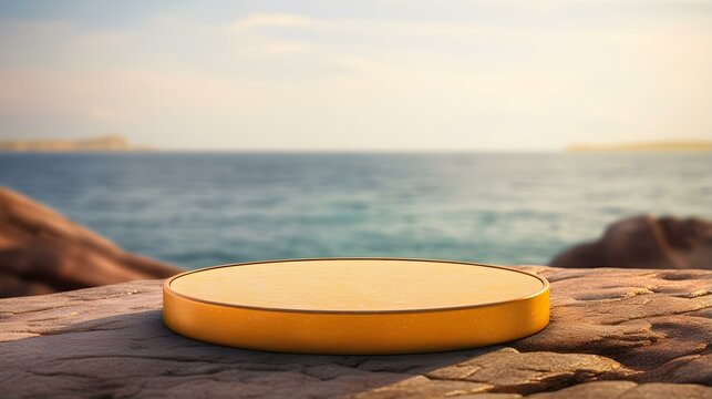 Round Stone Podium in yellow Colors in front of a blurred Seascape. Luxury Backdrop for Product Presentation