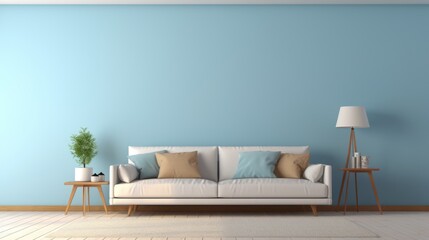 A living room with blue walls and a white couch