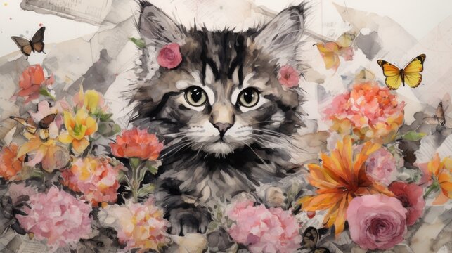 A painting of a cat surrounded by flowers and butterflies