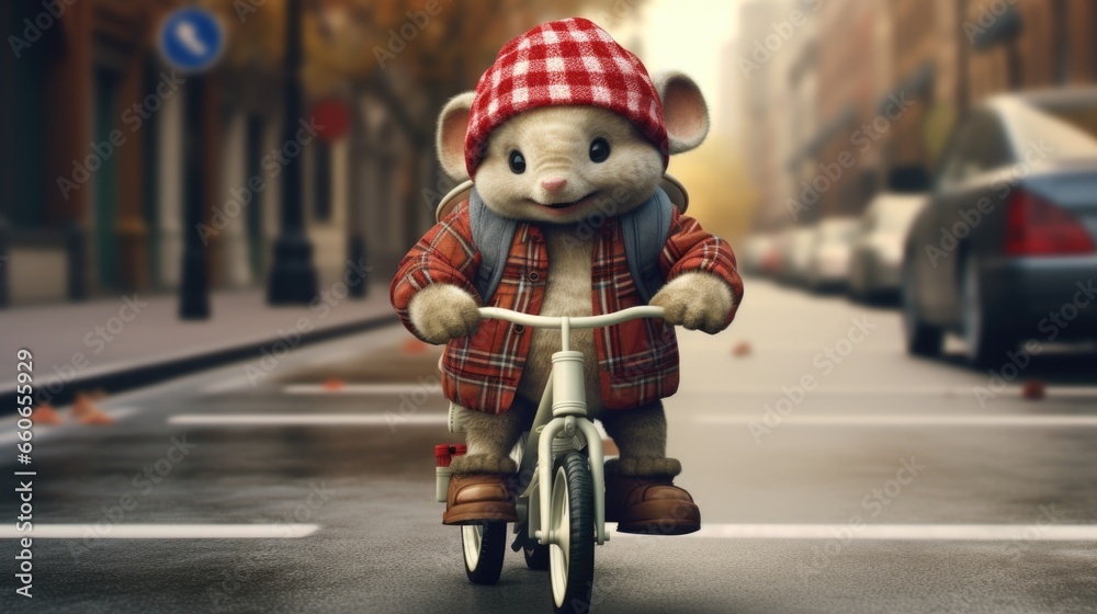 Canvas Prints A teddy bear riding a bike down a street