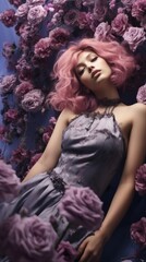 A woman with pink hair laying on a bed of roses