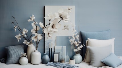 A bedroom with blue walls and a white bed