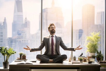 middle age businessman portrait meditating on his desk.