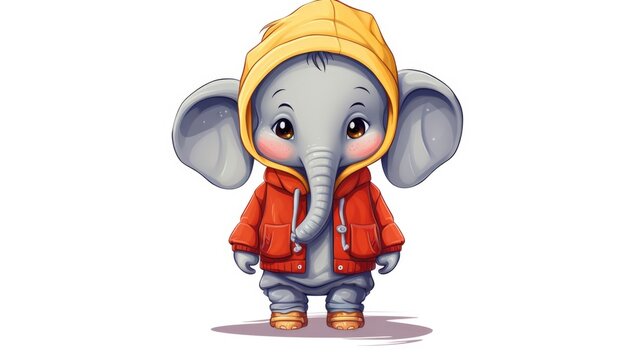 A cartoon elephant wearing a jacket and hat