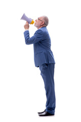 Old businessman holding megaphone isolated on white