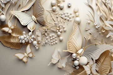 Abstract 3D mural wallpaper with butterfly, pearls, and leaf background for surface. Generative AI