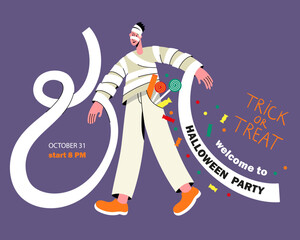 Halloween celebration party. Man in mummy costume. Vector illustration for poster, invitation, card, banner
