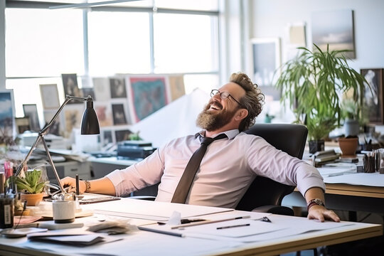 businessman working at his desk looking happy and relaxed on a big bright office