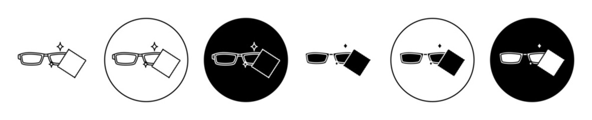 Cleaning eyeglasses icon set. spectacles wet wipe cleaner vector symbol in black filled and outlined style. - obrazy, fototapety, plakaty