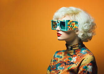 Beautiful girl in a crazy outfit with floral motifs, unusual pixelated glasses, on a minimal orange background, with cheerful, bold colors, in a retro style of joyful celebration.