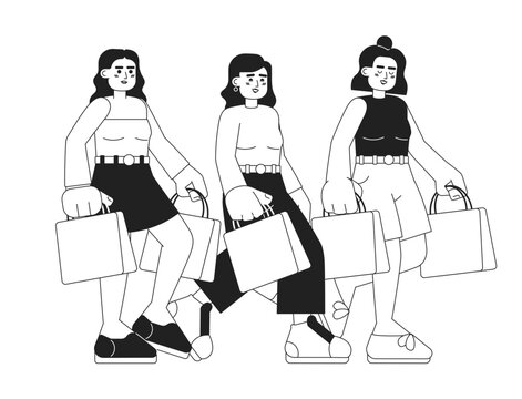 Friends going shopping monochromatic flat vector characters. Girls with packages. Soul mates. Editable thin line full body people on white. Simple bw cartoon spot image for web graphic design