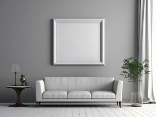 Modern and Minimalist Living Room Interior Design with Blank White Picture Frame Mockup