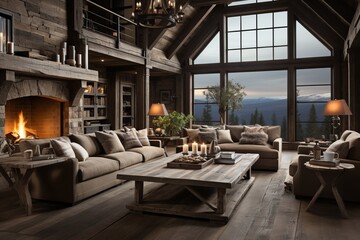 Fototapeta na wymiar Rustic farmhouse living room with distressed wood furniture, exposed beams, and a cozy fireplace