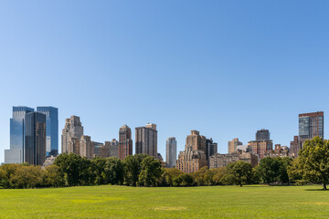 Green lawn at Central Park and Manhattan skyline skyscrapers at day time, New York City, USA