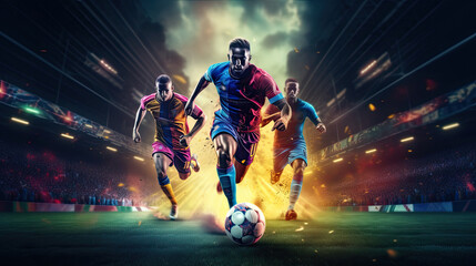football action scene with competing soccer players - obrazy, fototapety, plakaty