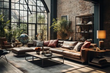 Industrial loft living room with exposed brick walls, metal furnishings, and large windows - obrazy, fototapety, plakaty
