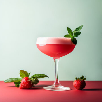 Strawberry margarita cocktail in salt-rimmed glass isolated on white background