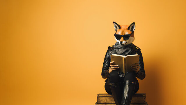 Teacher in a punk rock style with a fox head sits on a pile of books and reads a book, in the style of cheerful, bold, and vibrant colors.