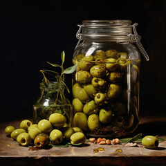 Spicy green olives are poured with olive oil with spices. Copy space.