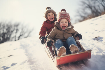 Two kids sledding down a hill in winter - obrazy, fototapety, plakaty