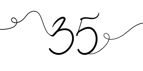 Number 35 line art drawing on white background. 35th birthday continuous drawing contour. Minimal vector illustration