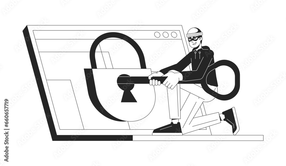 Poster hacking padlock bw concept vector spot illustration. laptop. man with key trying to open 2d cartoon 