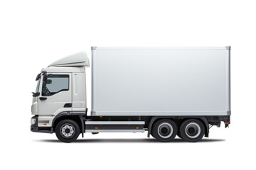 Modern white European-style cargo truck straight left side view, isolated