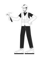 European repairman holding hammer black and white 2D line cartoon character. Caucasian adult man carpenter isolated vector outline person. Hardhat specialist fix monochromatic flat spot illustration