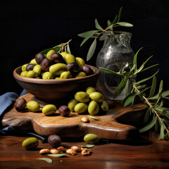 Spicy green olives are poured with olive oil with spices. Copy space.