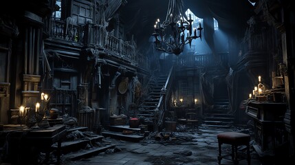 Haunted house spooky interior living area in dilapidated condition