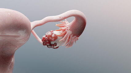 Ovarian malignant tumor, Female uterus anatomy, Reproductive system, cancer cells, ovaries cysts, cervical cancer, growing cells, gynecological disease, metastasis cancerous, duplicating, 3d render