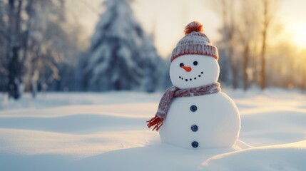 Obraz premium Cute snowman in a knitted bobble hat and scarf in a winter forest with copy space