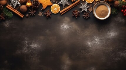 Merry Christmas, greeting card, Christmas cookies and spices on dark table, top view, background, space for text, top-down Christmas decorations background