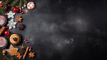 Merry Christmas, greeting card, Christmas cookies on dark table, top view, background, space for text, top-down Christmas decorations background