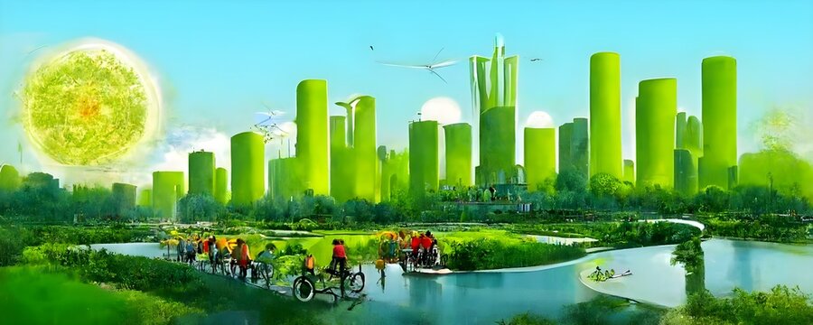 green energy utopia people power city solarpunk with forest buildings and solar energy community prosperity bikes and love and small rivers clear skies floral esthetic bright colors sun and 